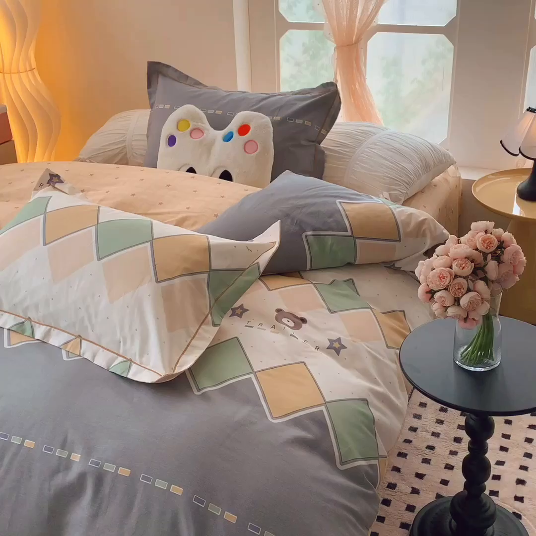 91家纺网 家纺一手货源 找家纺 莱豫家纺 2025新款亲肤舒适小清新印花全棉纯棉四件套-第二批 莱恩小熊