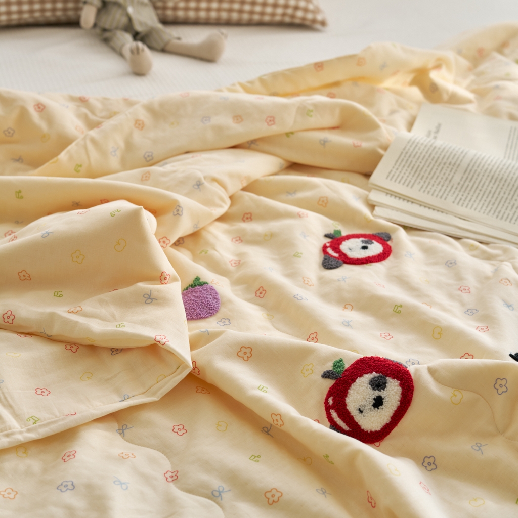91家纺网 家纺一手货源 找家纺 洋铭区（原狠狠爱） 2025新款双层纱毛巾绣夏被夏凉被空调被 水果乐园
