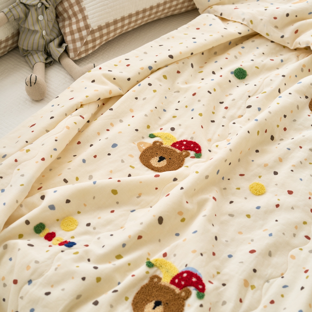 91家纺网 家纺一手货源 找家纺 洋铭区（原狠狠爱） 2025新款双层纱毛巾绣夏被夏凉被空调被 嘻哈小熊