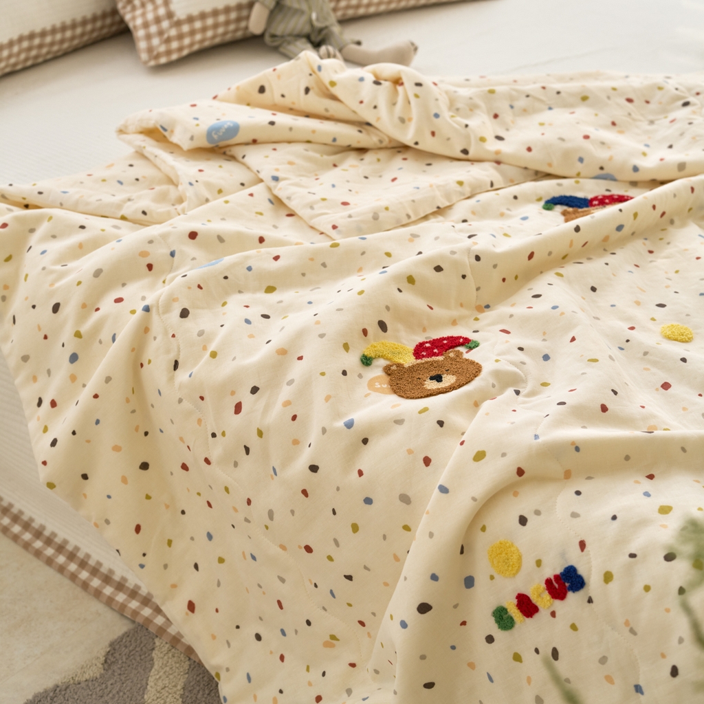 91家纺网 家纺一手货源 找家纺 洋铭区（原狠狠爱） 2025新款双层纱毛巾绣夏被夏凉被空调被 嘻哈小熊