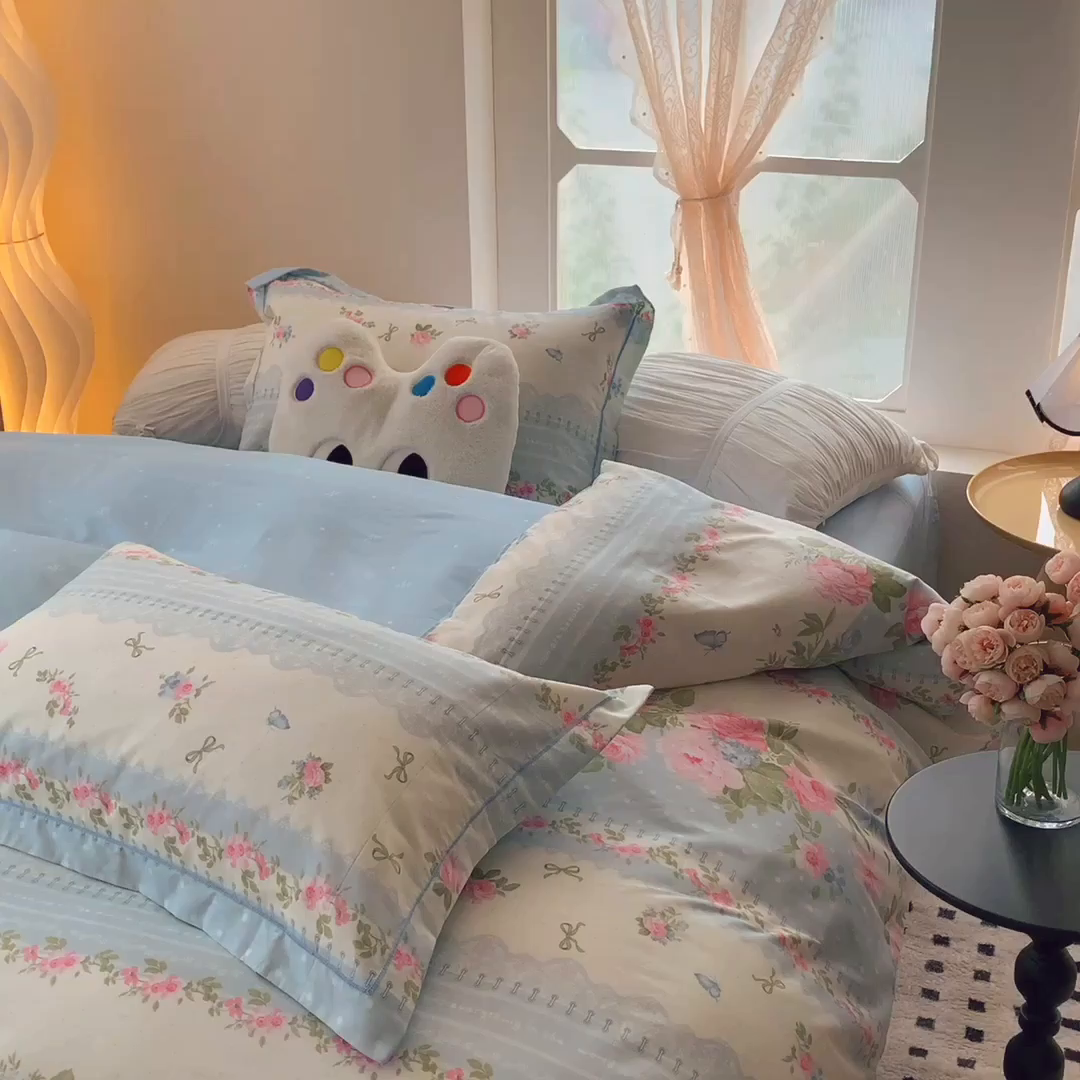 91家纺网 家纺一手货源 找家纺 莱豫家纺 2025新款亲肤舒适小清新印花全棉纯棉四件套-第二批 澜庭花漾