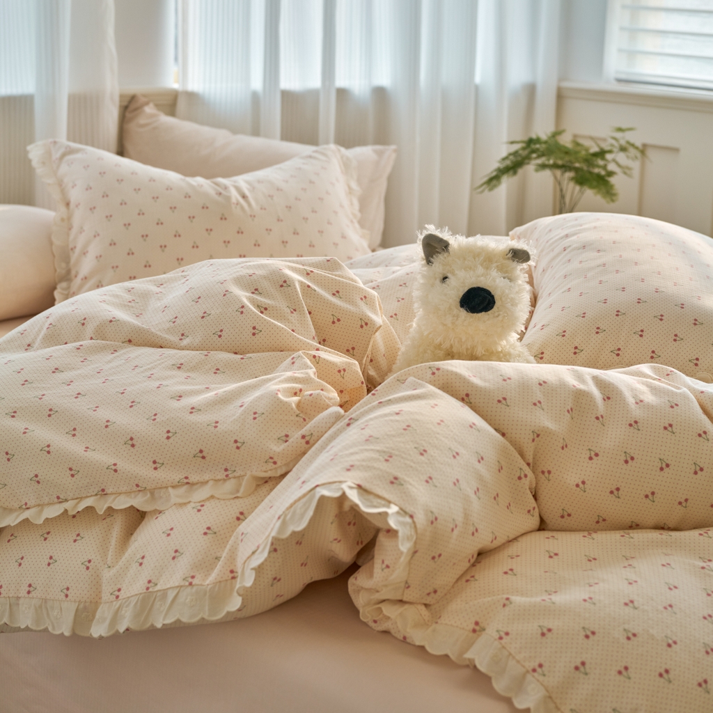 91家纺网 家纺一手货源 找家纺 洋铭区（原狠狠爱） 2025新款花边全棉双层纱四件套 樱桃甜心