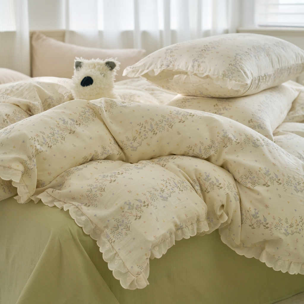 91家纺网 家纺一手货源 找家纺 洋铭区（原狠狠爱） 2025新款花边全棉双层纱四件套 田野青青