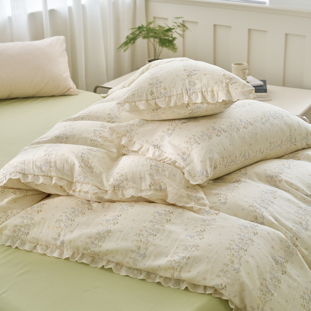 91家纺网 家纺一手货源 找家纺 洋铭区（原狠狠爱） 2025新款花边全棉双层纱四件套 田野青青