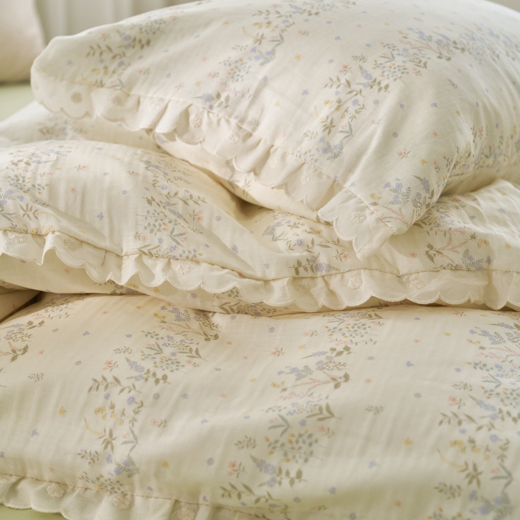 91家纺网 家纺一手货源 找家纺 洋铭区（原狠狠爱） 2025新款花边全棉双层纱四件套 田野青青