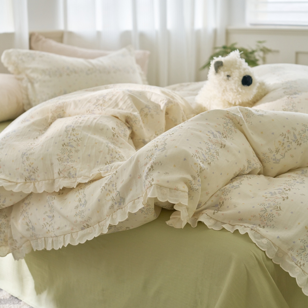 91家纺网 家纺一手货源 找家纺 洋铭区（原狠狠爱） 2025新款花边全棉双层纱四件套 田野青青