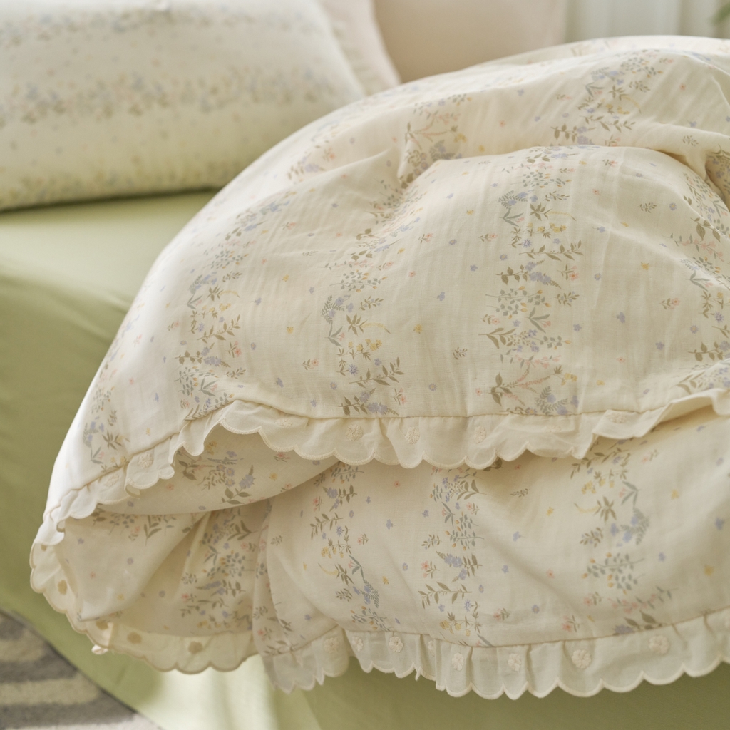 91家纺网 家纺一手货源 找家纺 洋铭区（原狠狠爱） 2025新款花边全棉双层纱四件套 田野青青