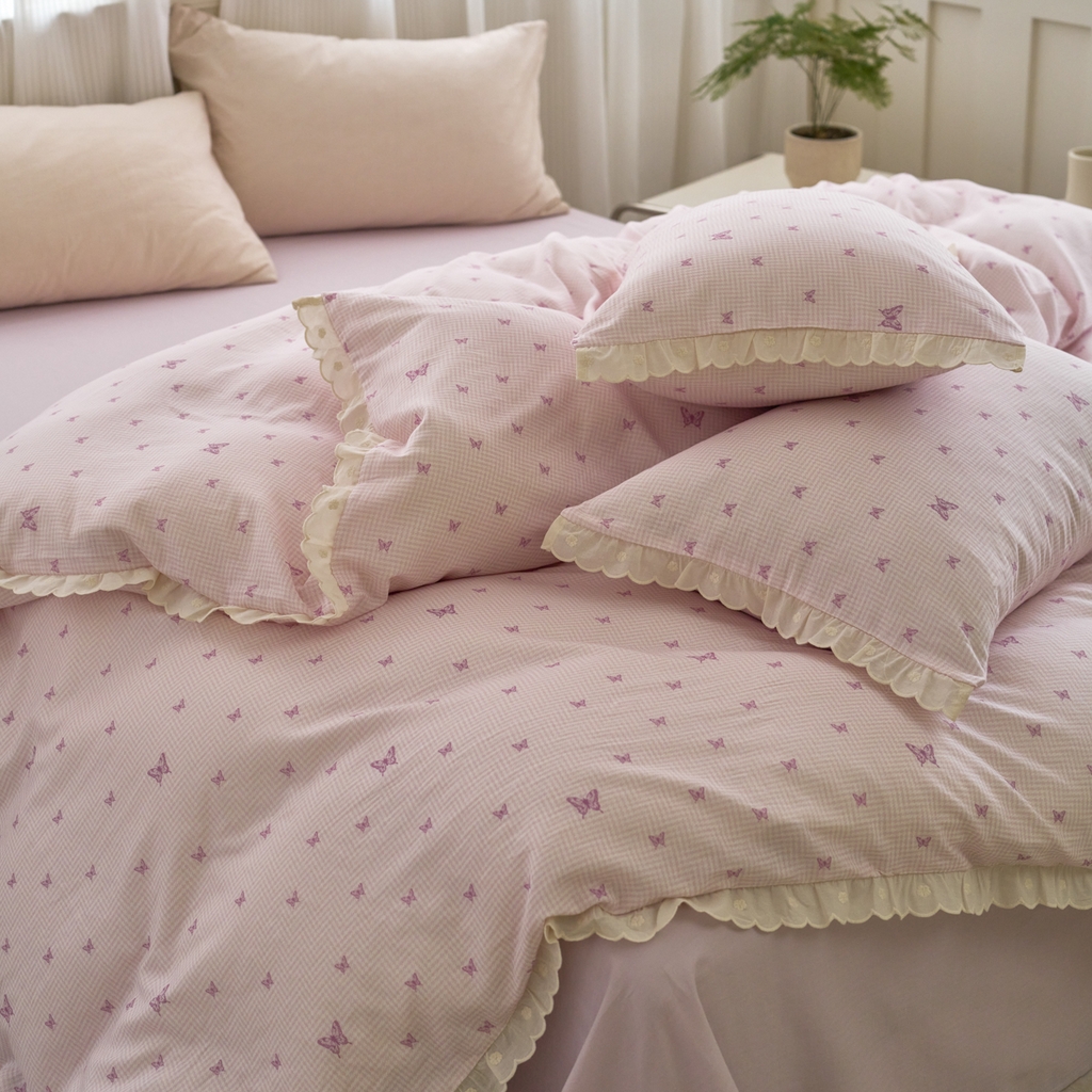 91家纺网 家纺一手货源 找家纺 洋铭区（原狠狠爱） 2025新款花边全棉双层纱四件套 心动蝴蝶