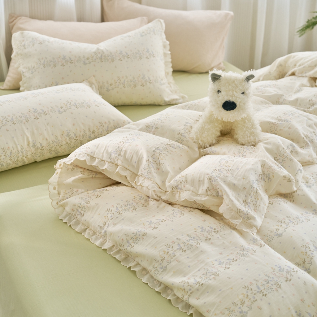 91家纺网 家纺一手货源 找家纺 洋铭区（原狠狠爱） 2025新款花边全棉双层纱四件套 田野青青