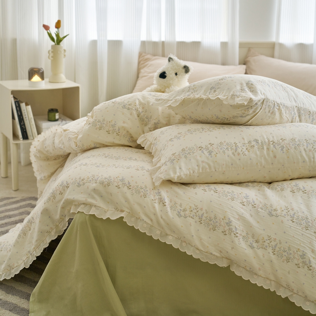 91家纺网 家纺一手货源 找家纺 洋铭区（原狠狠爱） 2025新款花边全棉双层纱四件套 田野青青