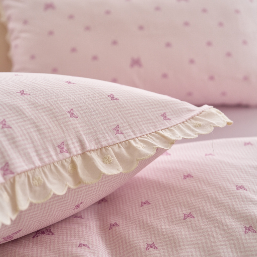 91家纺网 家纺一手货源 找家纺 洋铭区（原狠狠爱） 2025新款花边全棉双层纱四件套 心动蝴蝶