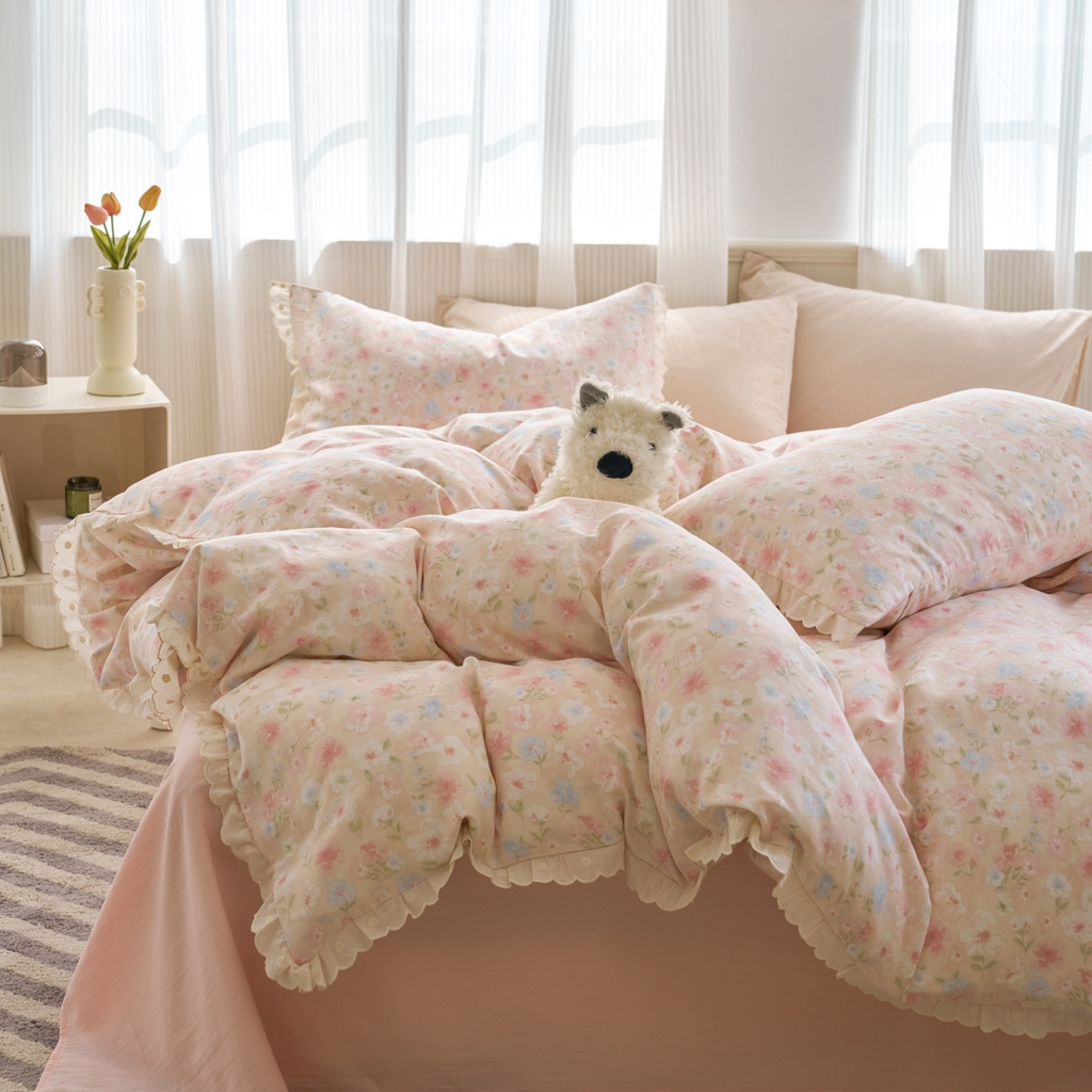 91家纺网 家纺一手货源 找家纺 （总）洋铭区（原狠狠爱） 2025新款花边全棉双层纱四件套