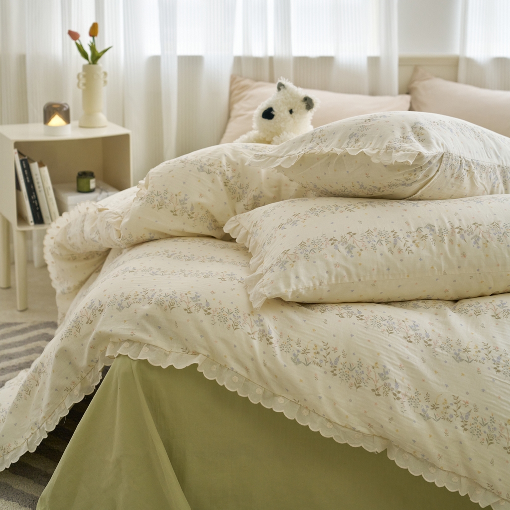 91家纺网 家纺一手货源 找家纺 洋铭区（原狠狠爱） 2025新款花边全棉双层纱四件套 田野青青