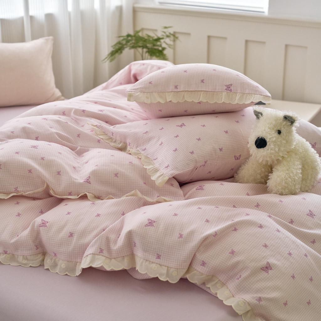 91家纺网 家纺一手货源 找家纺 洋铭区（原狠狠爱） 2025新款花边全棉双层纱四件套 心动蝴蝶