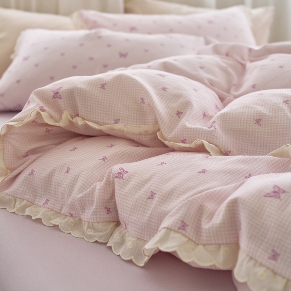 91家纺网 家纺一手货源 找家纺 洋铭区（原狠狠爱） 2025新款花边全棉双层纱四件套 心动蝴蝶