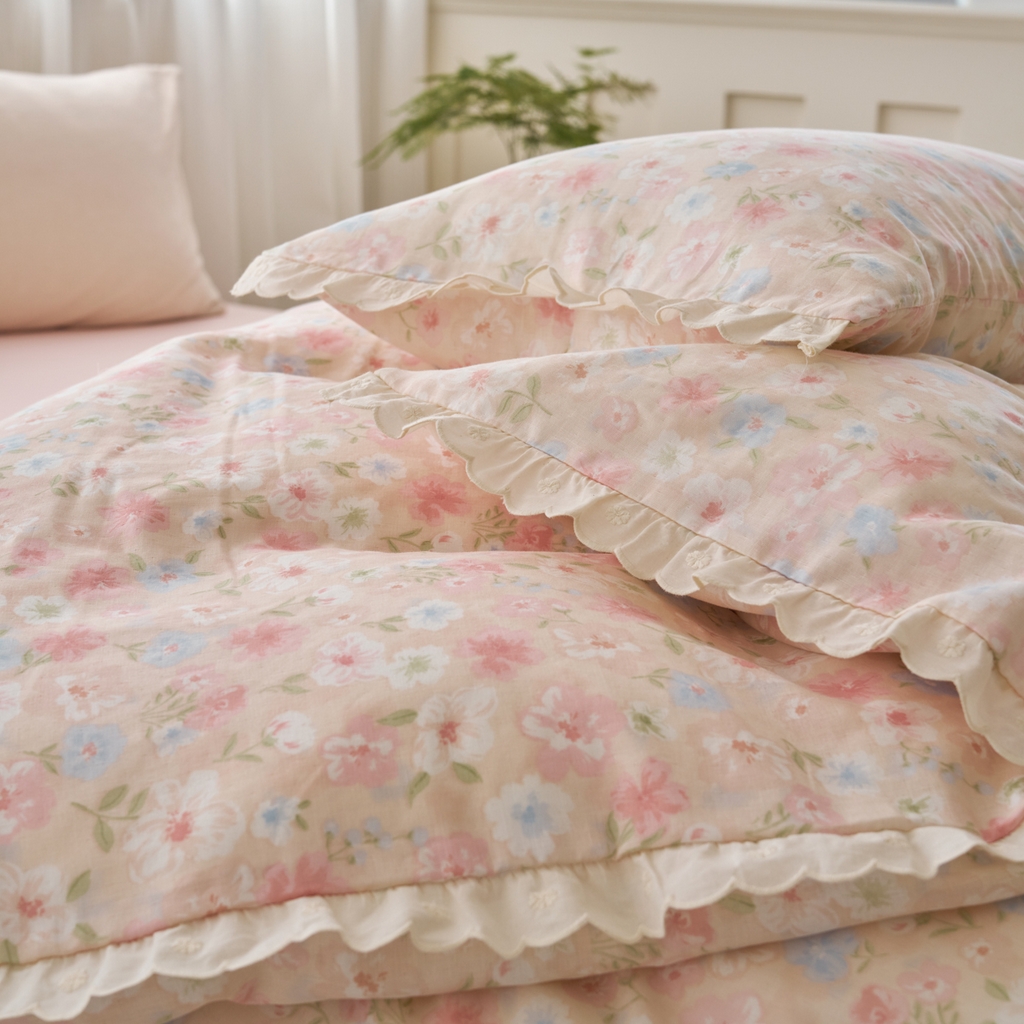 91家纺网 家纺一手货源 找家纺 （总）洋铭区（原狠狠爱） 2025新款花边全棉双层纱四件套