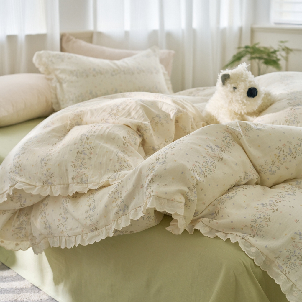 91家纺网 家纺一手货源 找家纺 洋铭区（原狠狠爱） 2025新款花边全棉双层纱四件套 田野青青