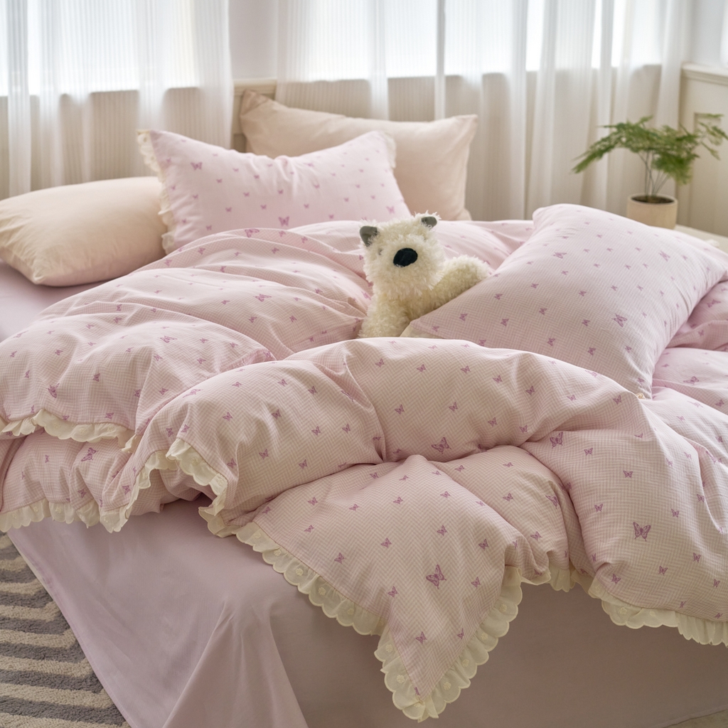 91家纺网 家纺一手货源 找家纺 洋铭区（原狠狠爱） 2025新款花边全棉双层纱四件套 心动蝴蝶