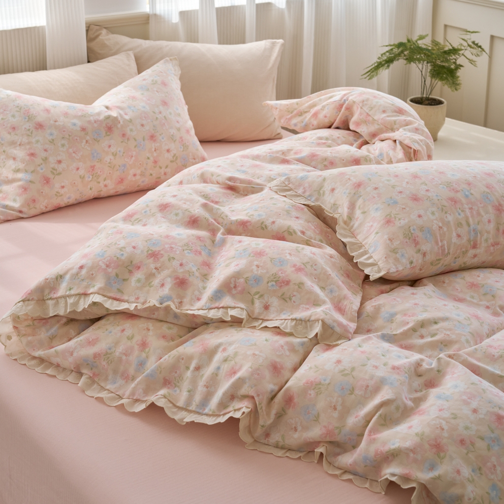 91家纺网 家纺一手货源 找家纺 （总）洋铭区（原狠狠爱） 2025新款花边全棉双层纱四件套