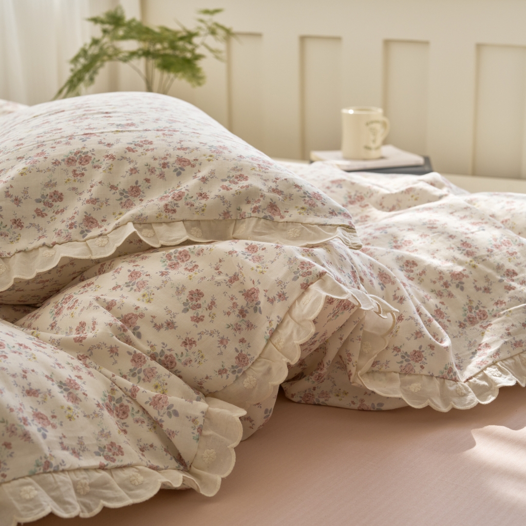 91家纺网 家纺一手货源 找家纺 洋铭区（原狠狠爱） 2025新款花边全棉双层纱四件套 乌梅紫花