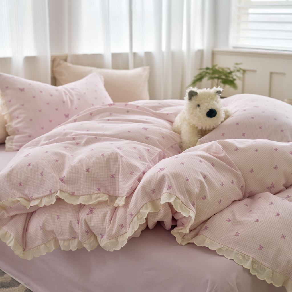 91家纺网 家纺一手货源 找家纺 洋铭区（原狠狠爱） 2025新款花边全棉双层纱四件套 心动蝴蝶