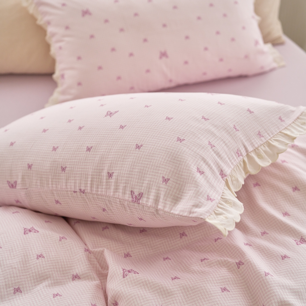 91家纺网 家纺一手货源 找家纺 洋铭区（原狠狠爱） 2025新款花边全棉双层纱四件套 心动蝴蝶