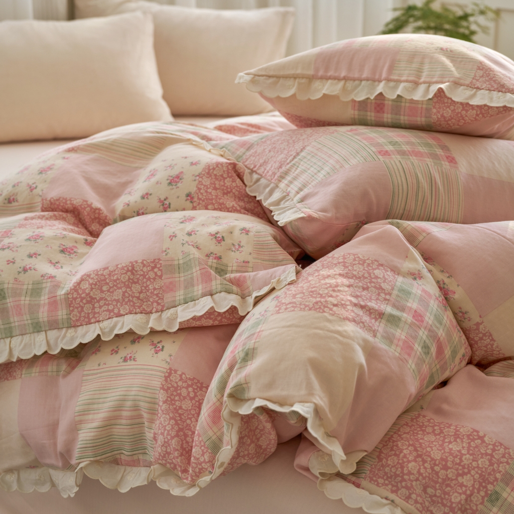 91家纺网 家纺一手货源 找家纺 洋铭区（原狠狠爱） 2025新款花边全棉双层纱四件套 花茶粉格