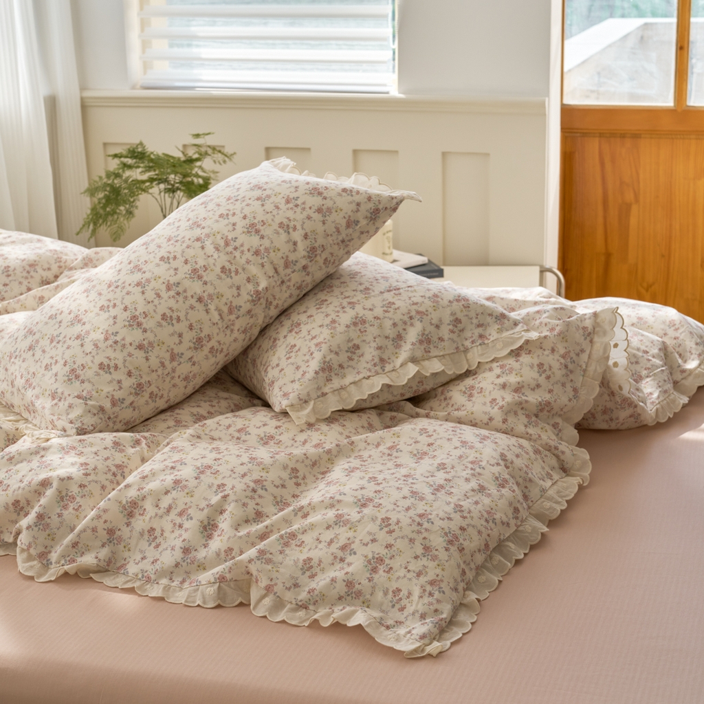 91家纺网 家纺一手货源 找家纺 洋铭区（原狠狠爱） 2025新款花边全棉双层纱四件套 乌梅紫花