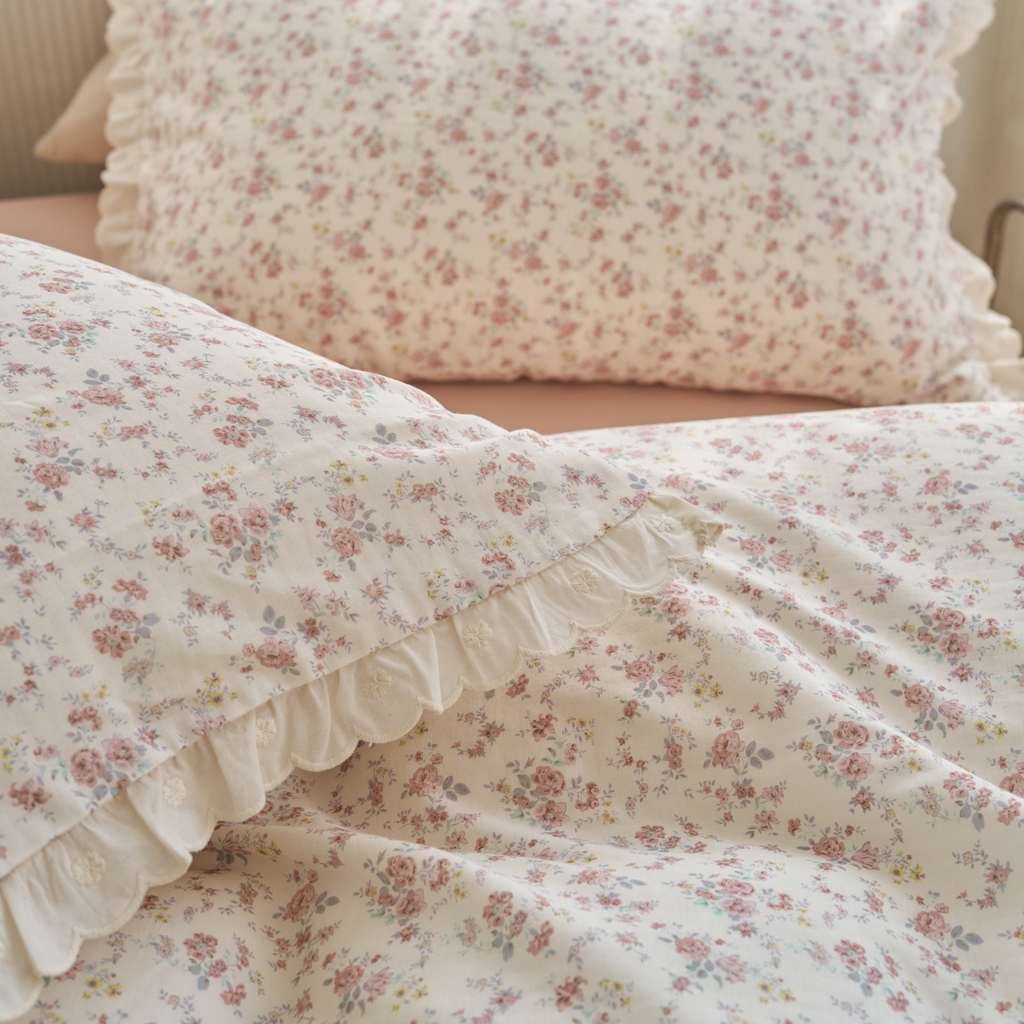 91家纺网 家纺一手货源 找家纺 洋铭区（原狠狠爱） 2025新款花边全棉双层纱四件套 乌梅紫花