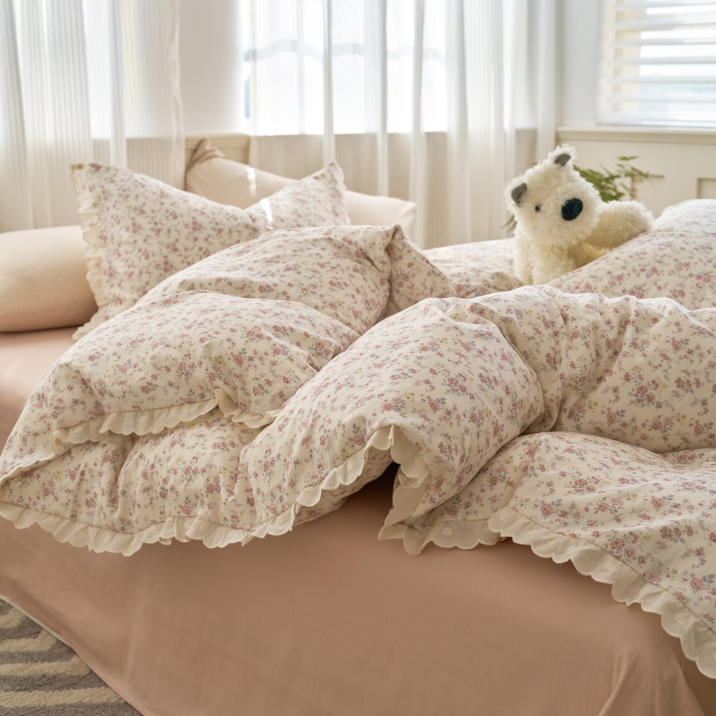 91家纺网 家纺一手货源 找家纺 洋铭区（原狠狠爱） 2025新款花边全棉双层纱四件套 乌梅紫花