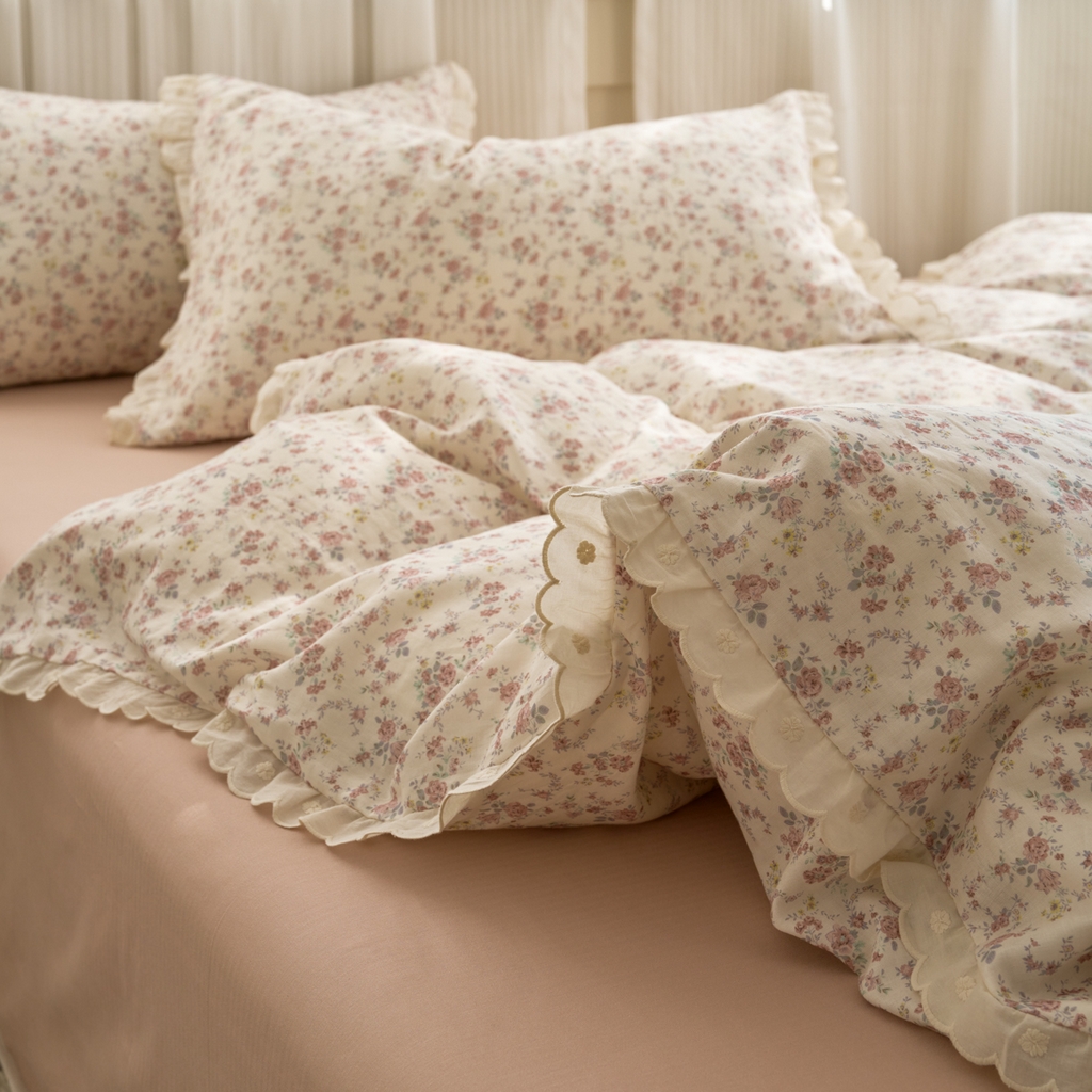 91家纺网 家纺一手货源 找家纺 洋铭区（原狠狠爱） 2025新款花边全棉双层纱四件套 乌梅紫花