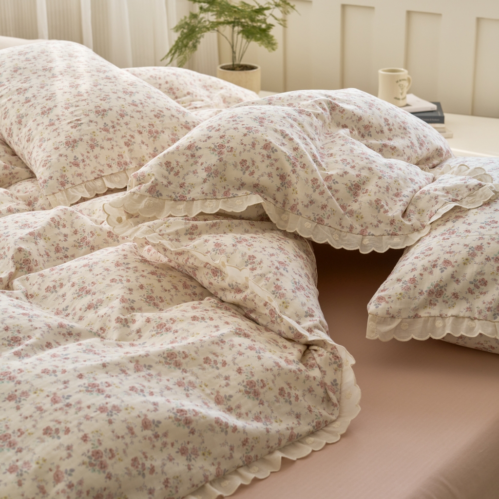 91家纺网 家纺一手货源 找家纺 洋铭区（原狠狠爱） 2025新款花边全棉双层纱四件套 乌梅紫花