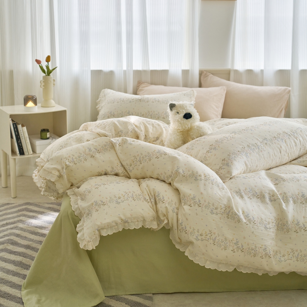 91家纺网 家纺一手货源 找家纺 洋铭区（原狠狠爱） 2025新款花边全棉双层纱四件套 田野青青