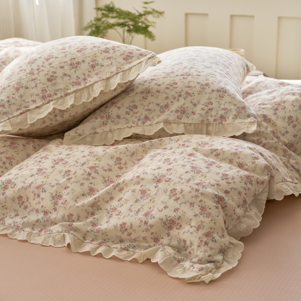 91家纺网 家纺一手货源 找家纺 洋铭区（原狠狠爱） 2025新款花边全棉双层纱四件套 乌梅紫花