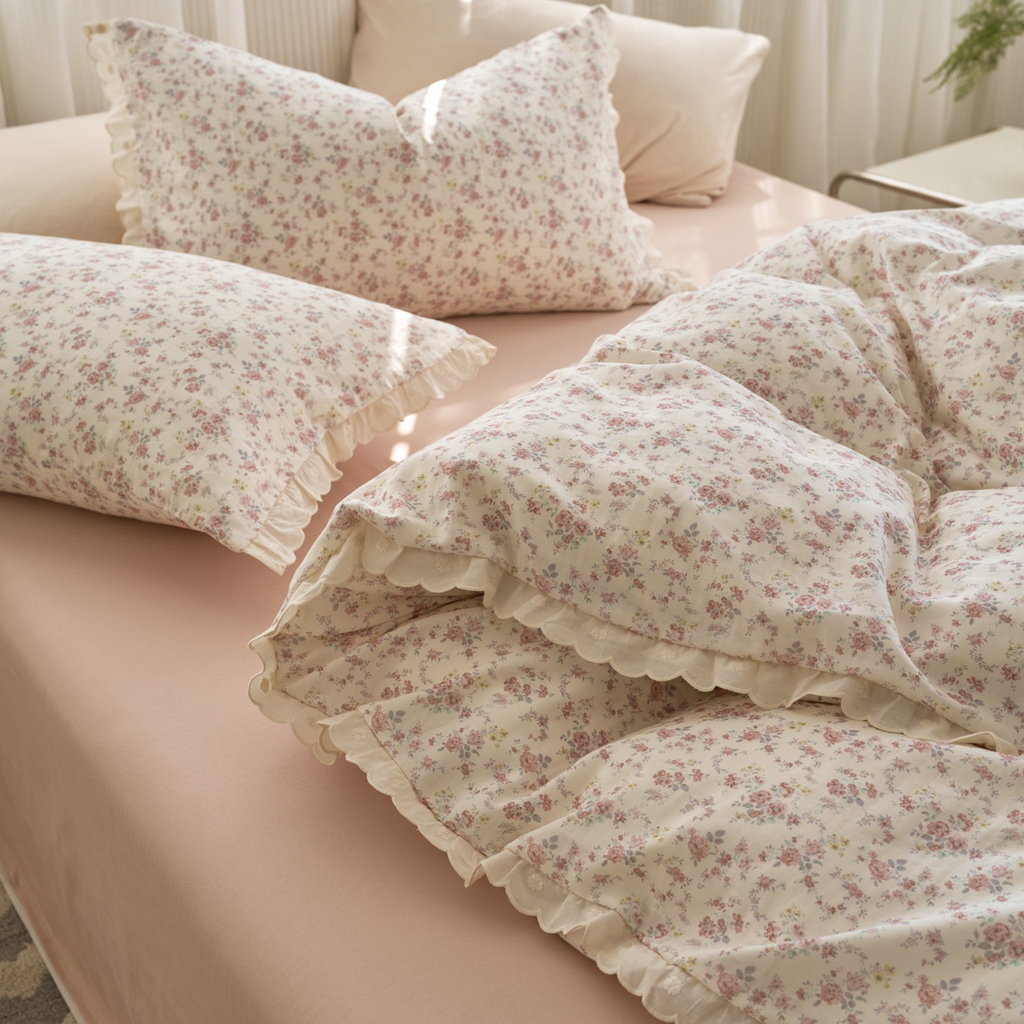 91家纺网 家纺一手货源 找家纺 洋铭区（原狠狠爱） 2025新款花边全棉双层纱四件套 乌梅紫花