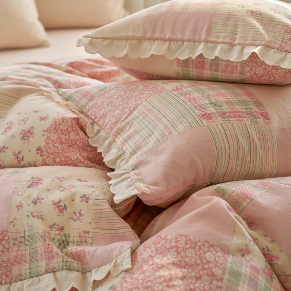 91家纺网 家纺一手货源 找家纺 洋铭区（原狠狠爱） 2025新款花边全棉双层纱四件套 花茶粉格