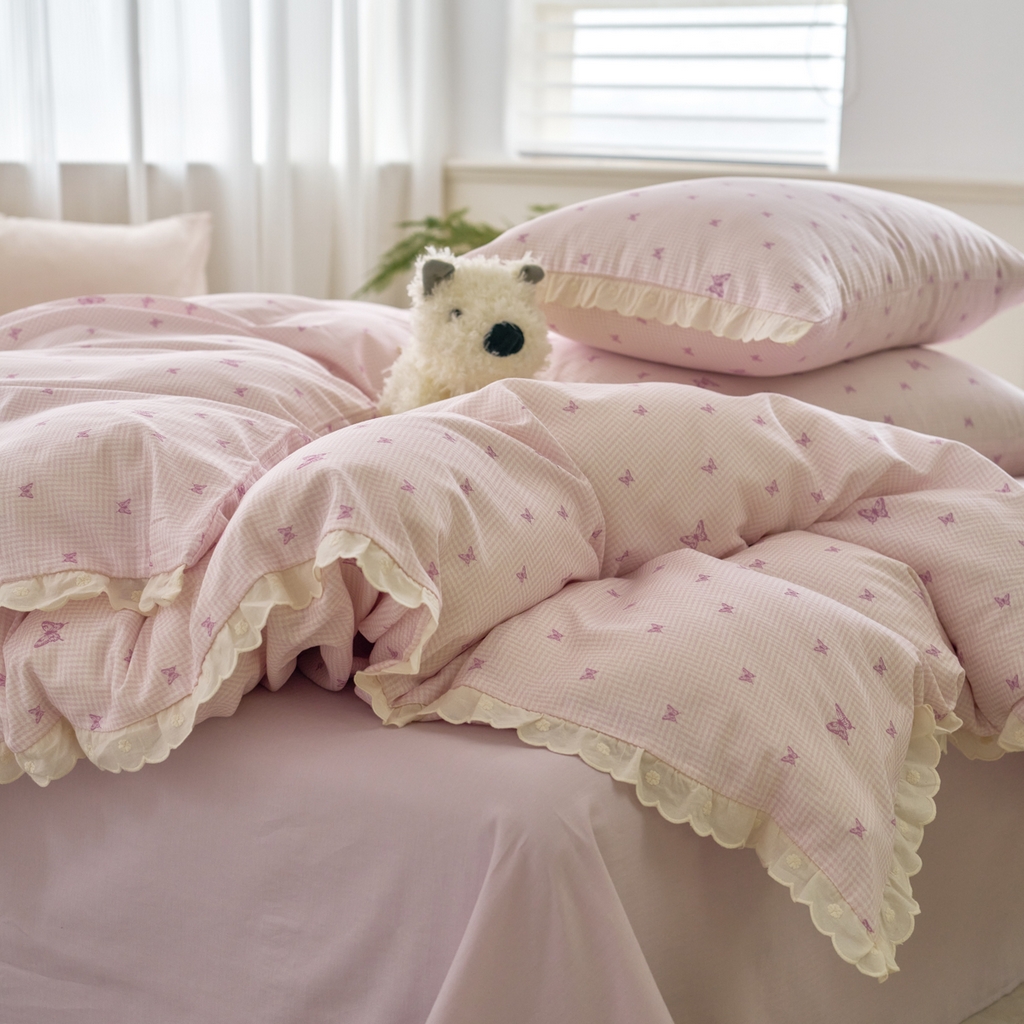 91家纺网 家纺一手货源 找家纺 洋铭区（原狠狠爱） 2025新款花边全棉双层纱四件套 心动蝴蝶