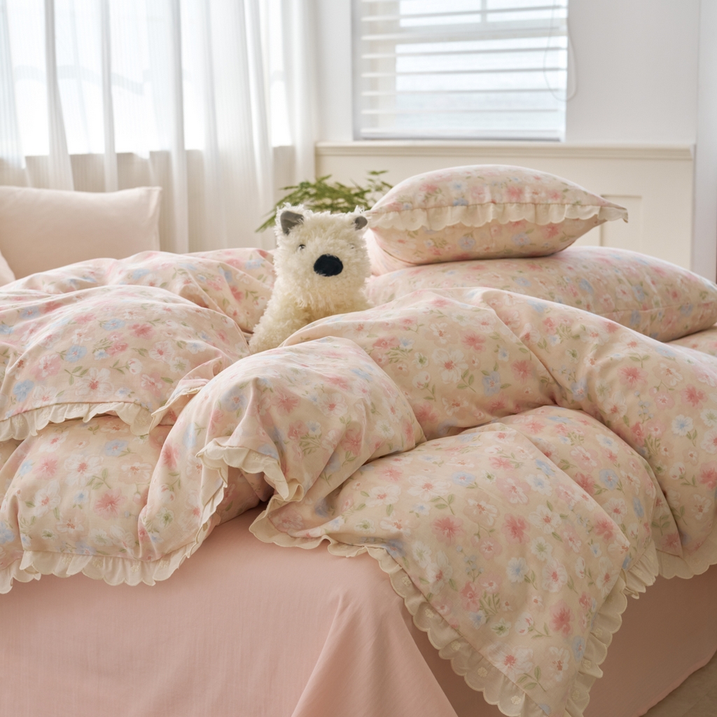 91家纺网 家纺一手货源 找家纺 （总）洋铭区（原狠狠爱） 2025新款花边全棉双层纱四件套