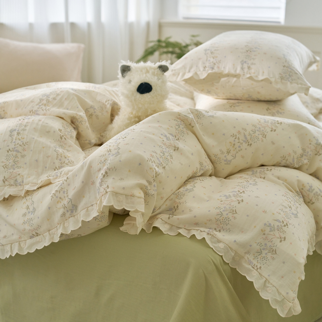 91家纺网 家纺一手货源 找家纺 洋铭区（原狠狠爱） 2025新款花边全棉双层纱四件套 田野青青