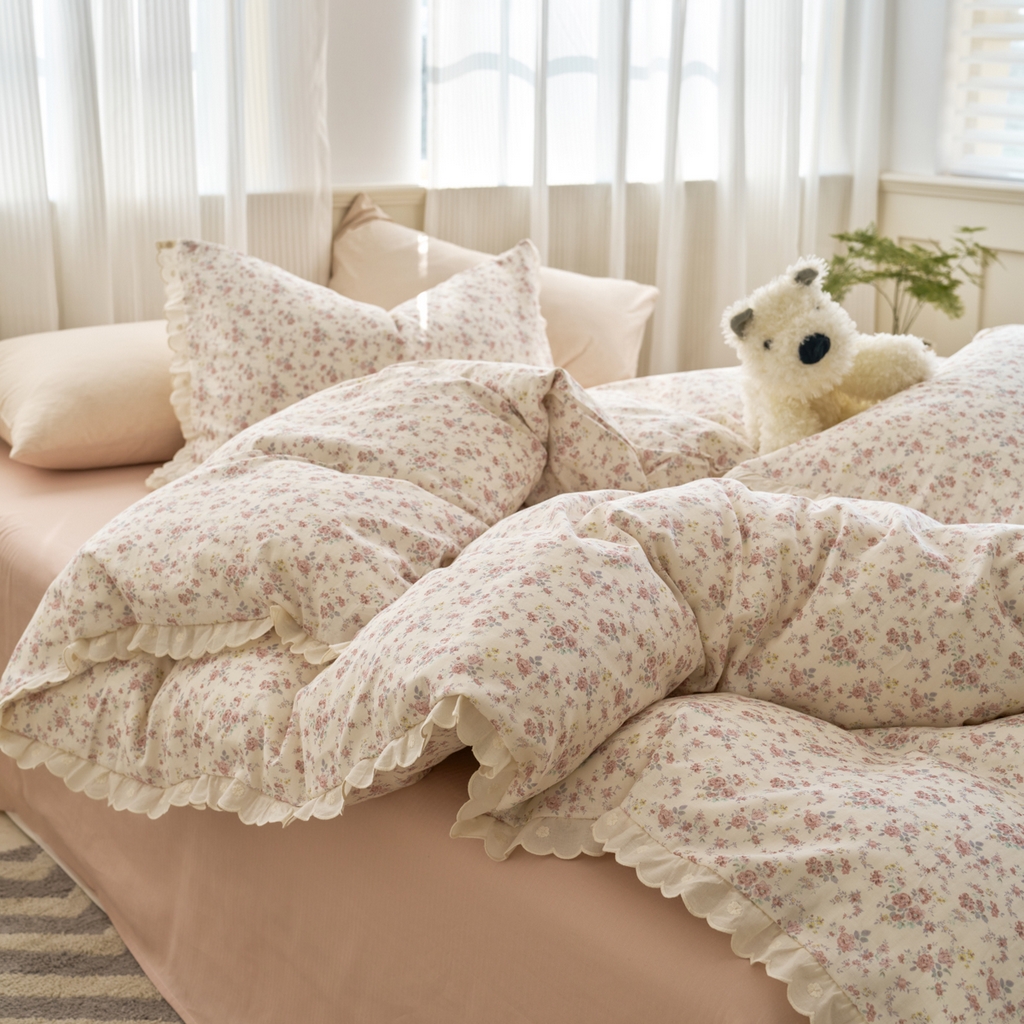 洋铭区（原狠狠爱） 2025新款花边全棉双层纱四件套 乌梅紫花