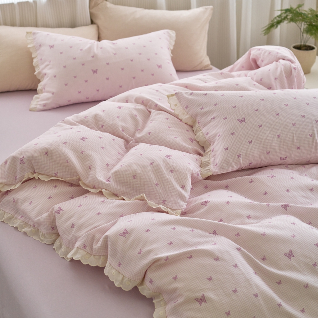 91家纺网 家纺一手货源 找家纺 洋铭区（原狠狠爱） 2025新款花边全棉双层纱四件套 心动蝴蝶