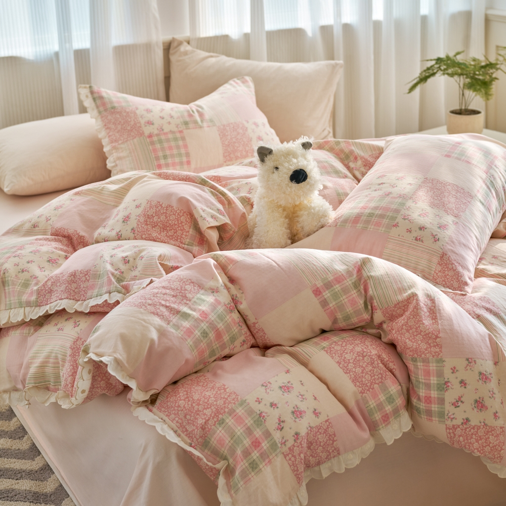 91家纺网 家纺一手货源 找家纺 洋铭区（原狠狠爱） 2025新款花边全棉双层纱四件套 花茶粉格