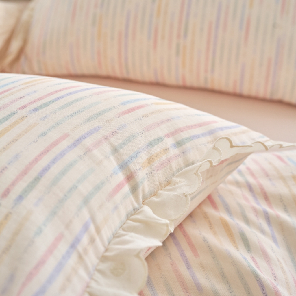 91家纺网 家纺一手货源 找家纺 洋铭区（原狠狠爱） 2025新款花边全棉双层纱四件套 缤纷彩虹