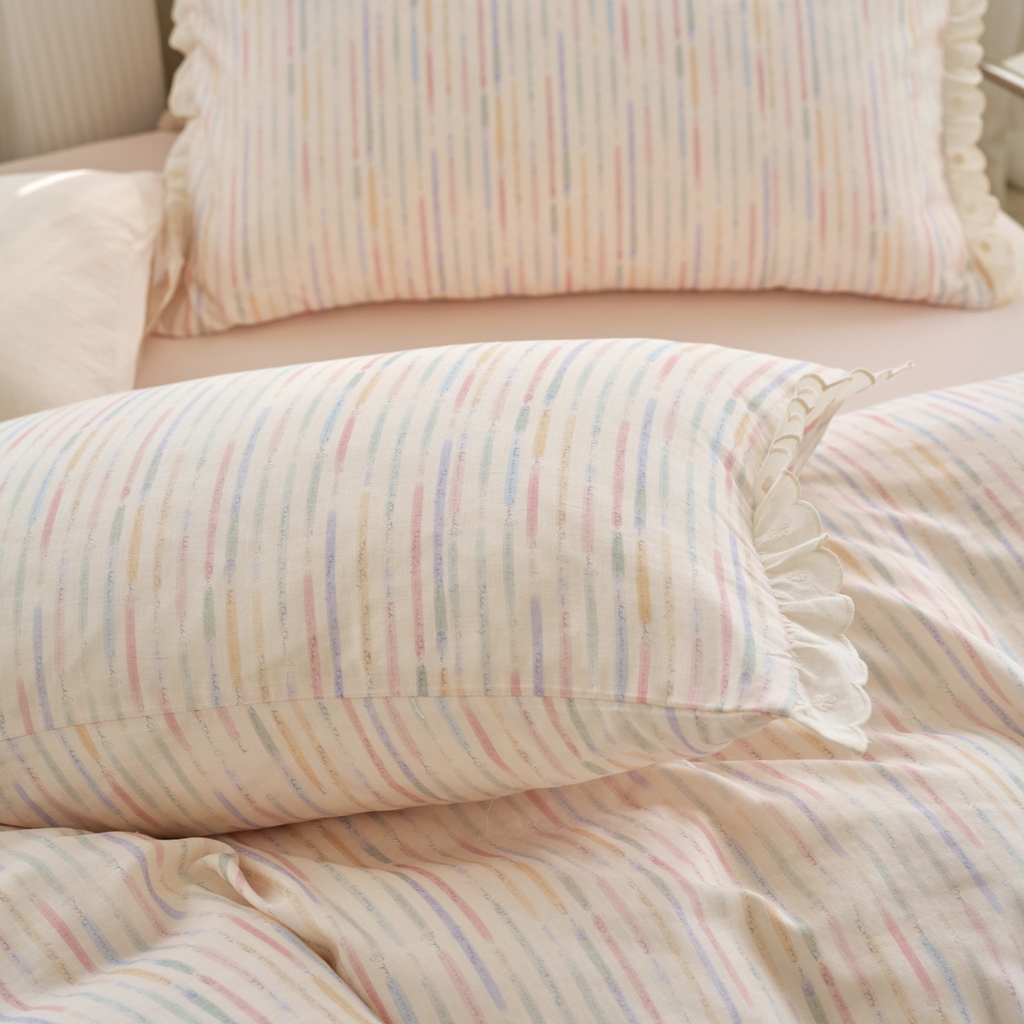 91家纺网 家纺一手货源 找家纺 洋铭区（原狠狠爱） 2025新款花边全棉双层纱四件套 缤纷彩虹