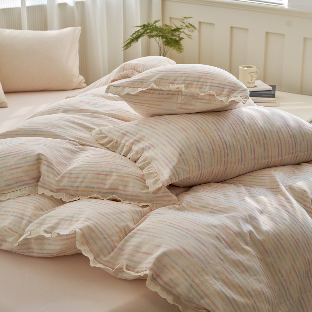 91家纺网 家纺一手货源 找家纺 洋铭区（原狠狠爱） 2025新款花边全棉双层纱四件套 缤纷彩虹