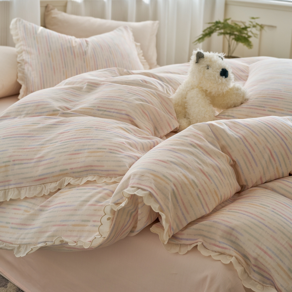 洋铭区（原狠狠爱） 2025新款花边全棉双层纱四件套 缤纷彩虹