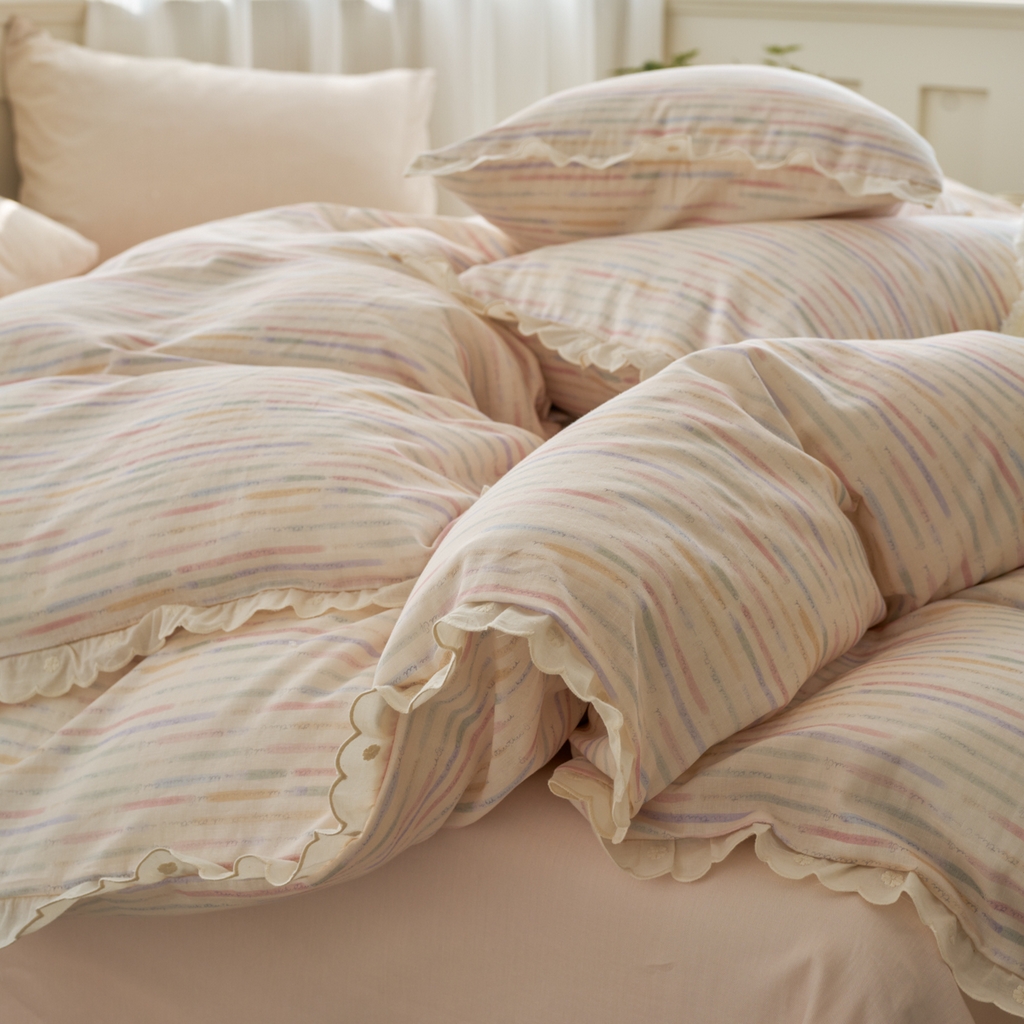 91家纺网 家纺一手货源 找家纺 洋铭区（原狠狠爱） 2025新款花边全棉双层纱四件套 缤纷彩虹