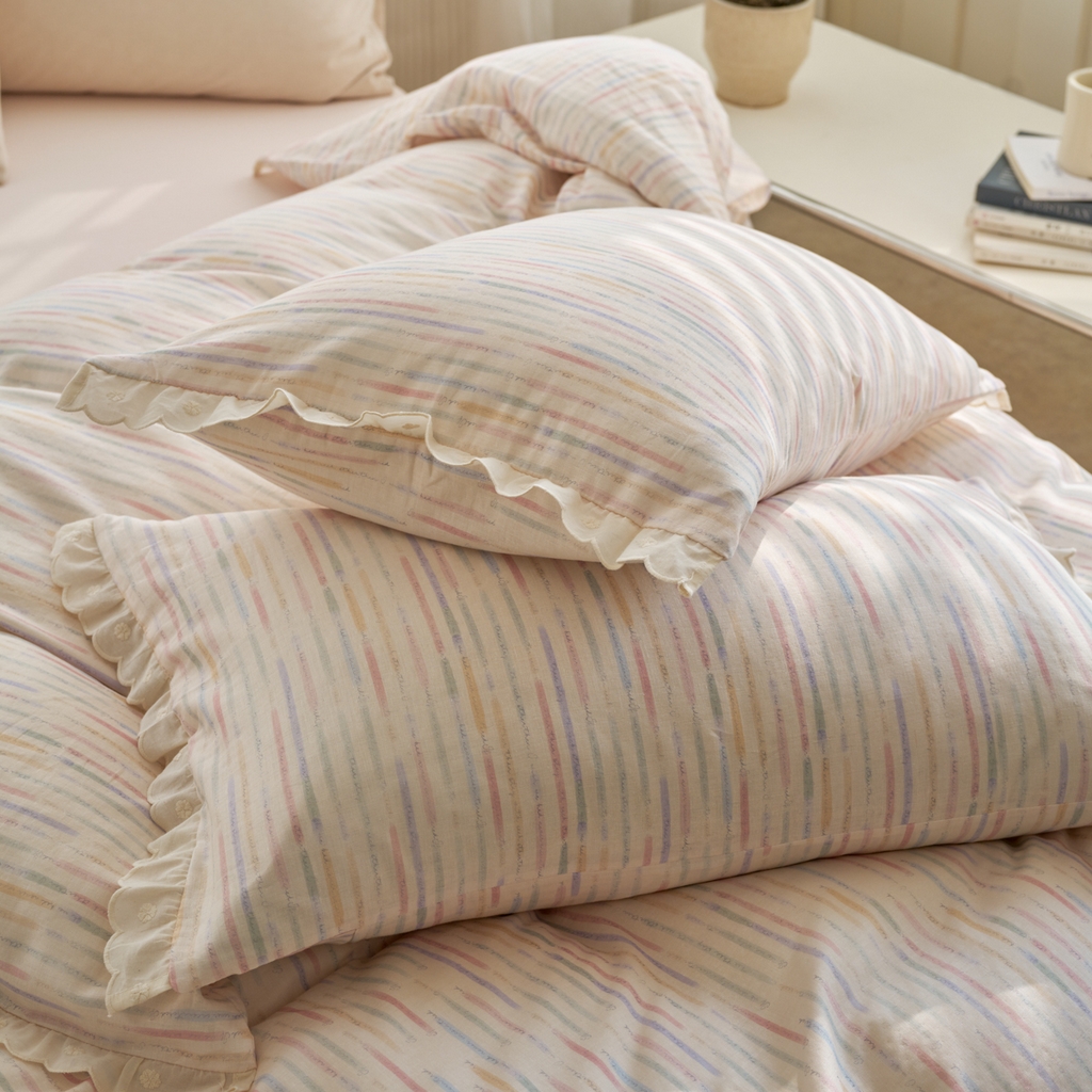 91家纺网 家纺一手货源 找家纺 洋铭区（原狠狠爱） 2025新款花边全棉双层纱四件套 缤纷彩虹