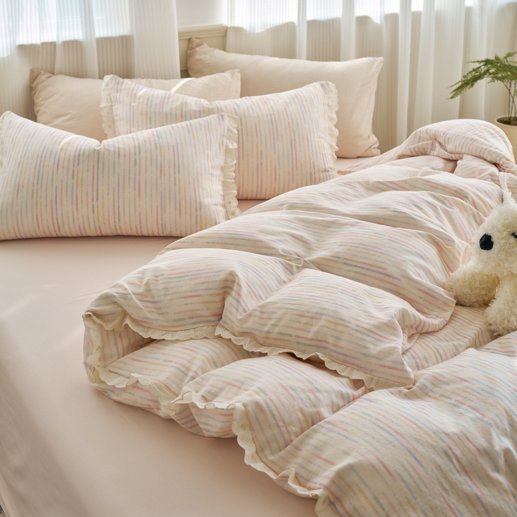 91家纺网 家纺一手货源 找家纺 洋铭区（原狠狠爱） 2025新款花边全棉双层纱四件套 缤纷彩虹