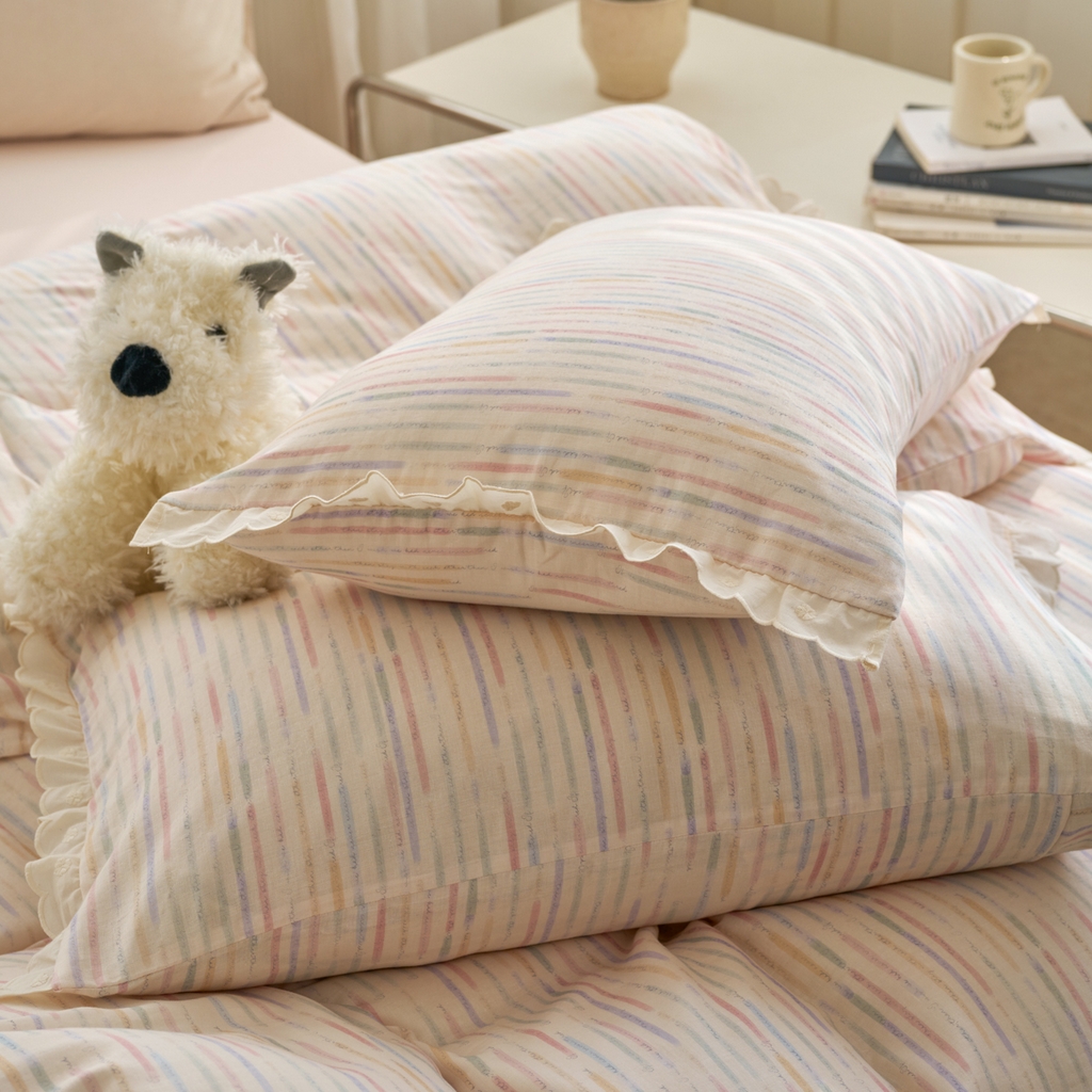 91家纺网 家纺一手货源 找家纺 洋铭区（原狠狠爱） 2025新款花边全棉双层纱四件套 缤纷彩虹